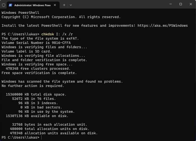 CHKDSK Command on SD Card