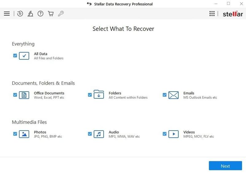 Stellar Data Recovery Seleziona il tipo di file