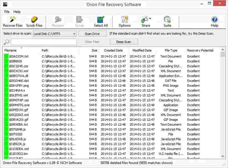 Interface de récupération vidéo d'Orion File Recovery