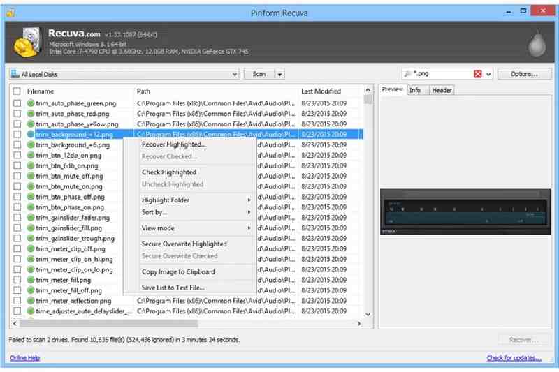 Interface de récupération vidéo Recuva