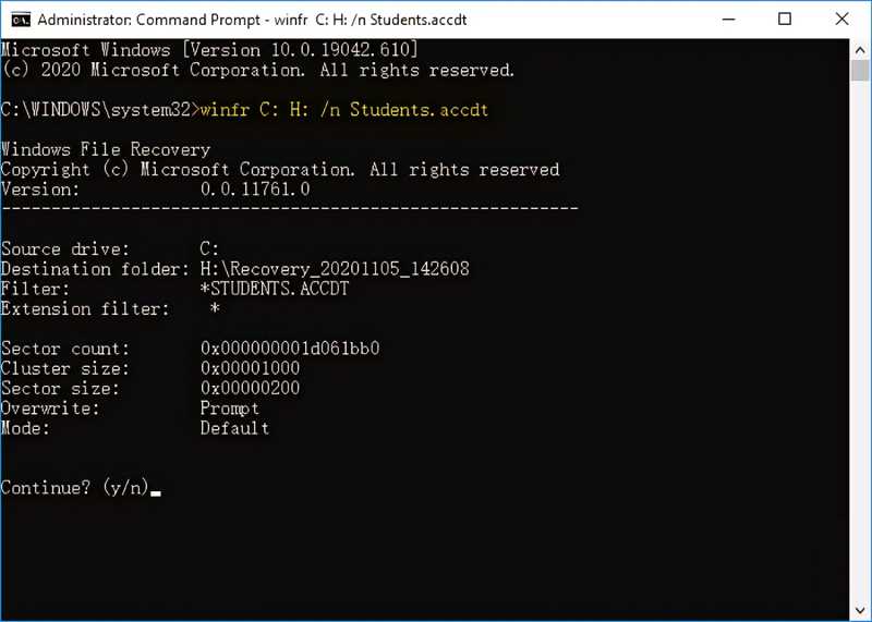 Interface de récupération de fichiers Windows