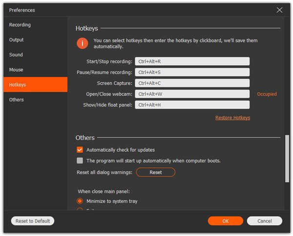 Préférences de raccourcis clavier