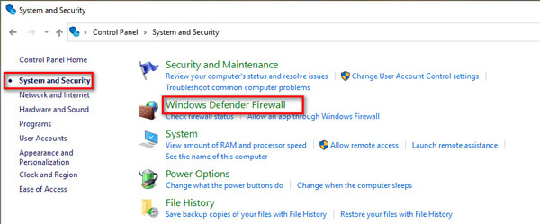 Sélectionnez le pare-feu Windows Defender