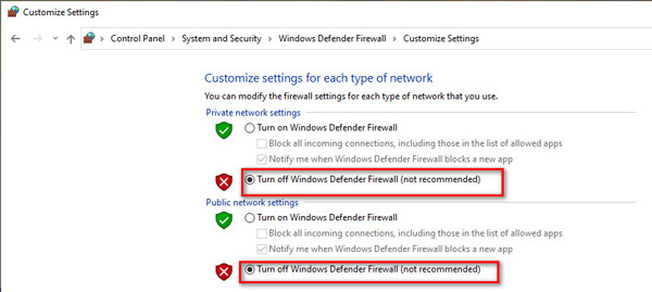 关闭 Windows Defender 防火墙