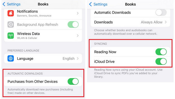 Ative as configurações de sincronização do iBooks