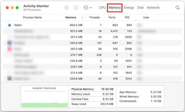 Aktivitetsövervakning Mac Kontrollera minne
