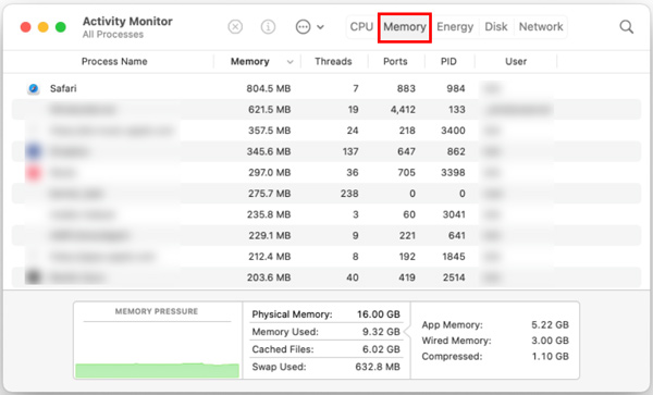 Monitor de actividad Mac Comprobar memoria