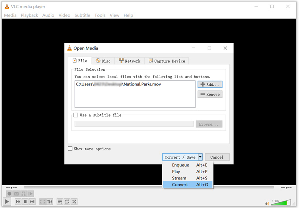 Add Mov to Vlc Choose Convert