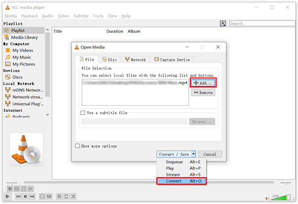 Lisää MP4 Vlc:hen Valitse Muunna