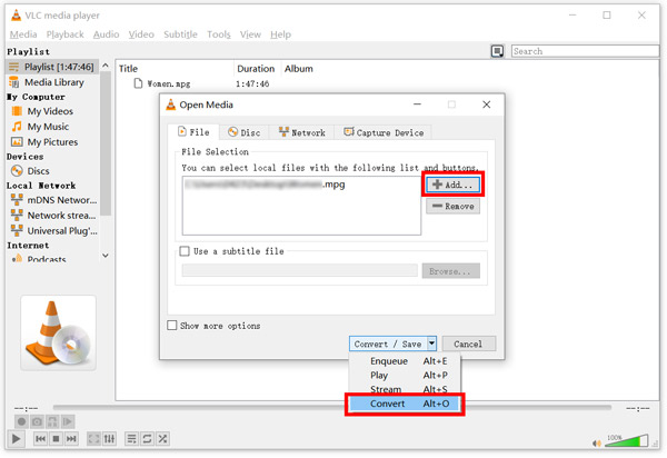 Add Mpg to Vlc Choose Convert