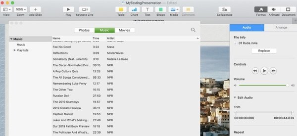 Føj musik til slideshow i keynote