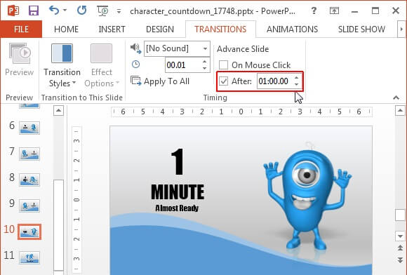 Regola il timer per programmare le diapositive