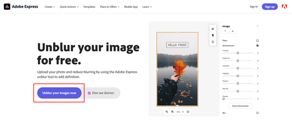 Adobe Express Riduci la sfocatura della pagina dell'immagine