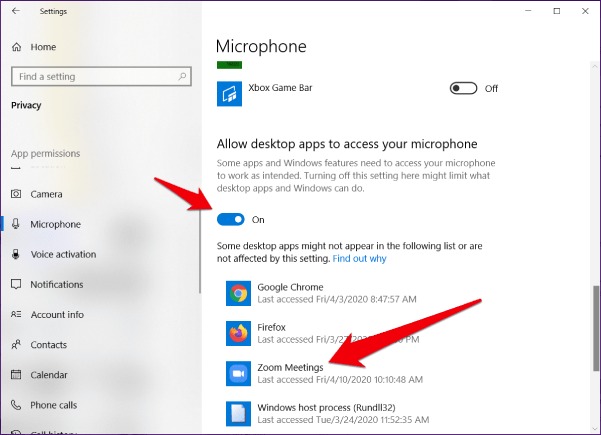 Autoriser le zoom à accéder au microphone Windows