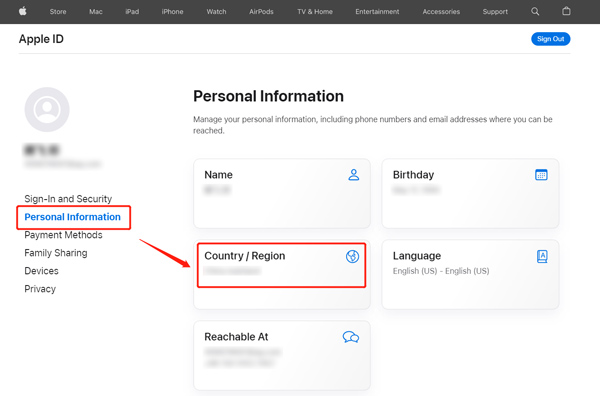 Apple ID személyes adatok Ország Régió