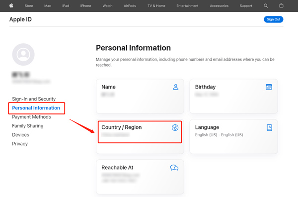 Личная информация Apple ID Страна Регион