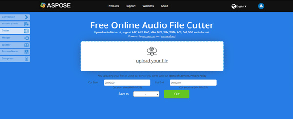Coupeur de fichiers audio en ligne gratuit Aspose