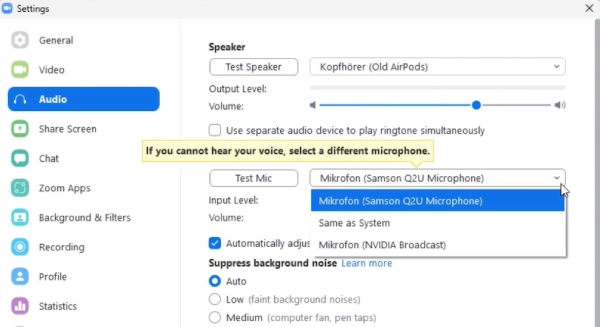 Configuración de audio en zoom