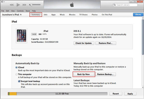 Backup iPad tramite iTunes