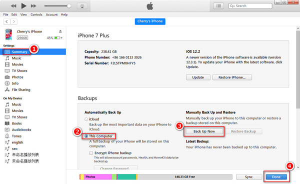 Backup de dados do iPhone para o iTunes