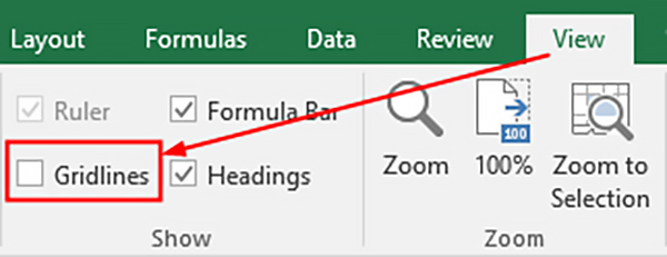 Отменить линии сетки в Excel
