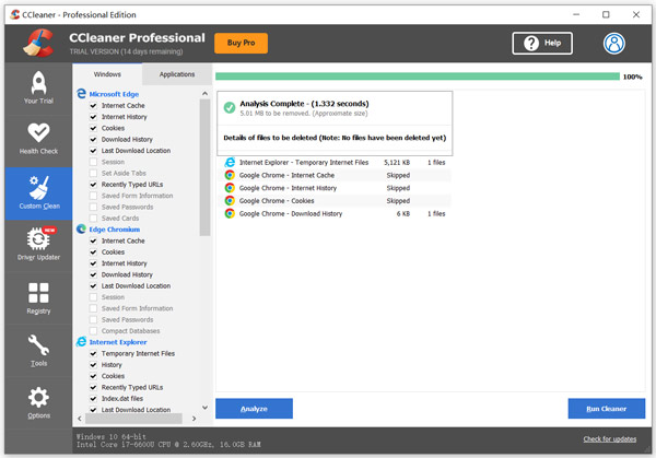 Limpeza personalizada do CCleaner Pro