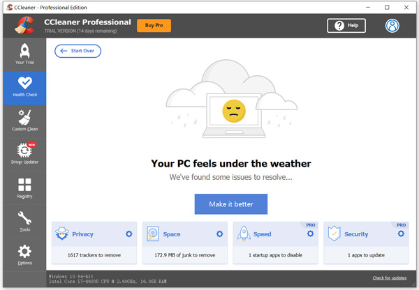 Έλεγχος υγείας του CCleaner Pro PC