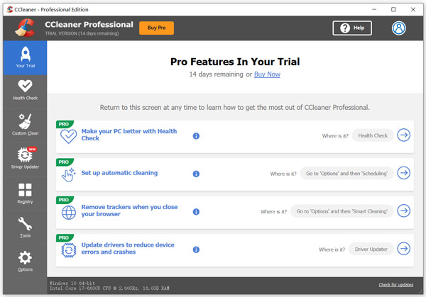 Бесплатная пробная версия CCleaner Professional Edition