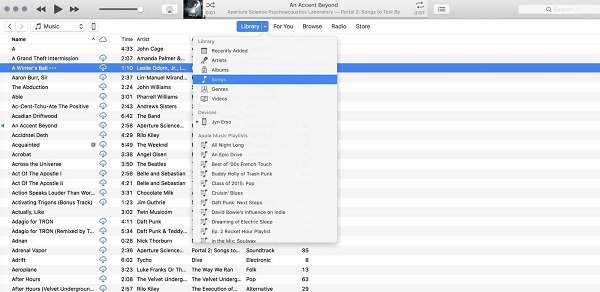 Zmień na Songs View Library itunes