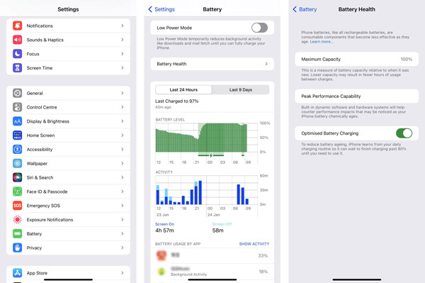 Vérifier la santé de l'utilisation de la batterie iPhone