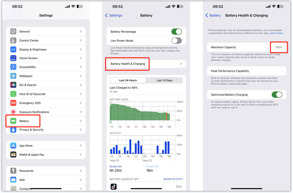 Vérifier la santé de la batterie de l'iPhone et la capacité maximale