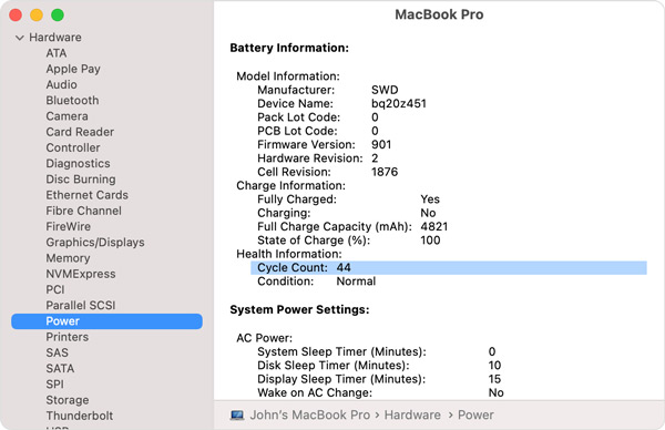 Macの電源バッテリーのサイクル数を確認する