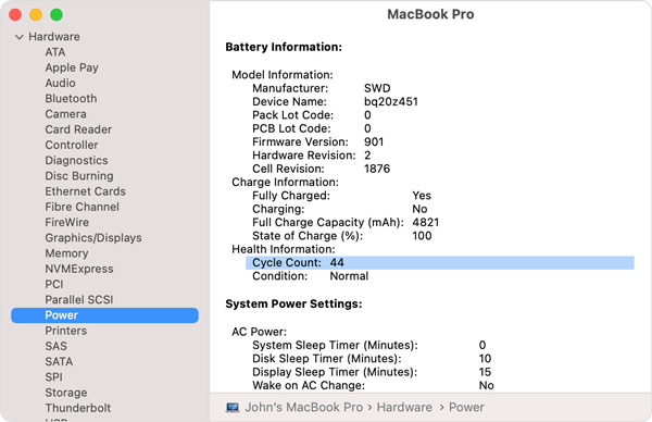 Überprüfen Sie die Zykluszahl des Mac Power-Akkus