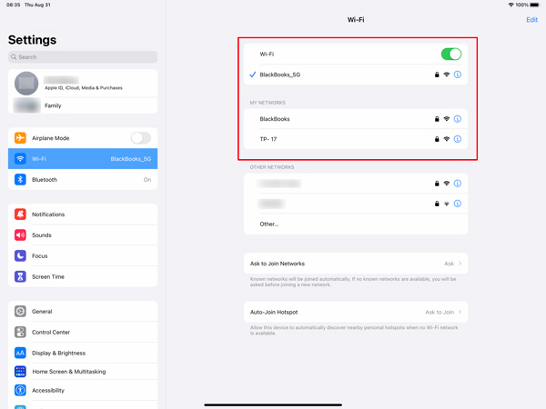 Seleziona Verifica connessione Wi-Fi iPad