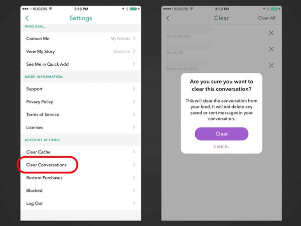 Очистить беседы на Snapchat