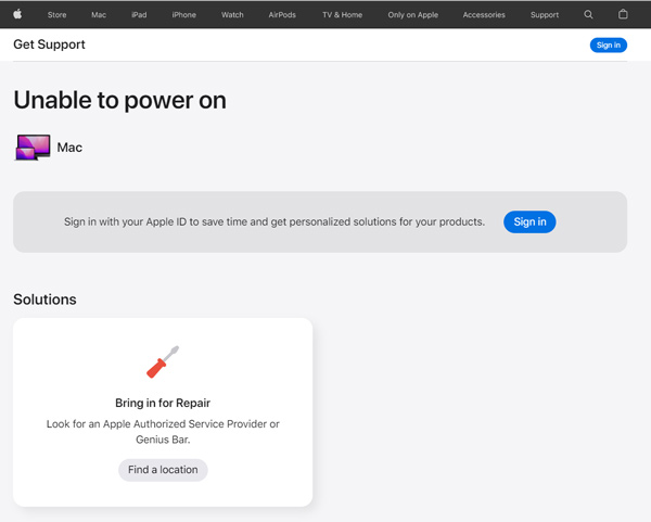 Contactez l'assistance Apple pour réparer Mac Impossible de s'allumer
