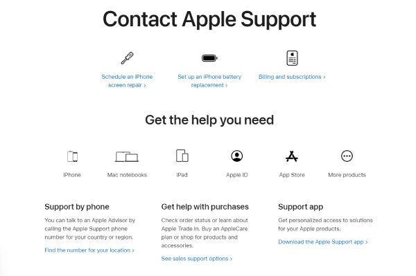 Póngase en contacto con el soporte de Apple para reparar el iPhone sin alertas de emergencia