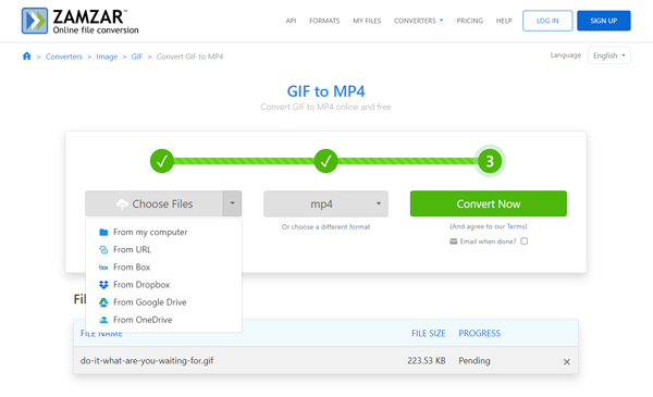 Convertir GIF en MP4 en ligne Zamzar