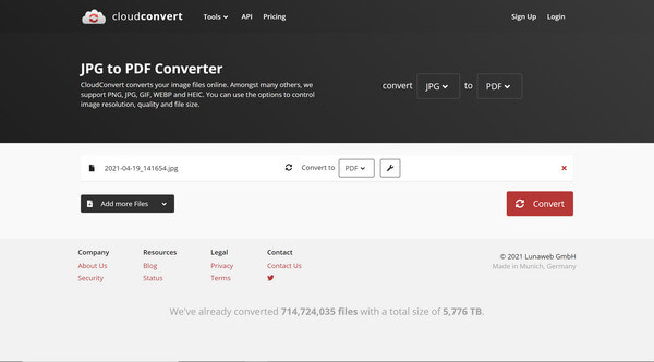 Converta JPEG para PDF no Cloudconvert