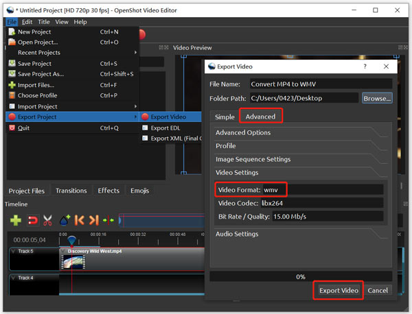 Convertir MP4 en Wmv Fre Openshot