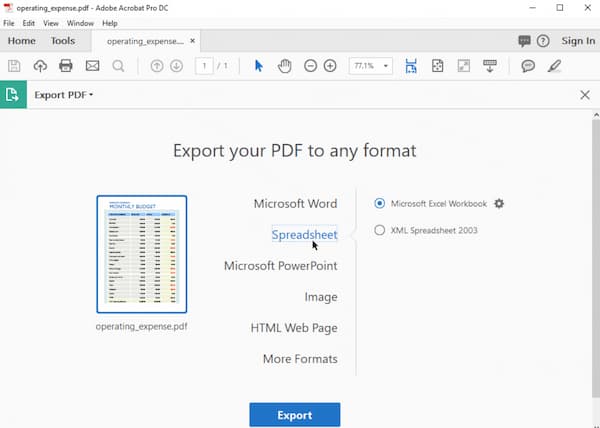 Převeďte PDF na Excel pomocí Acrobatu