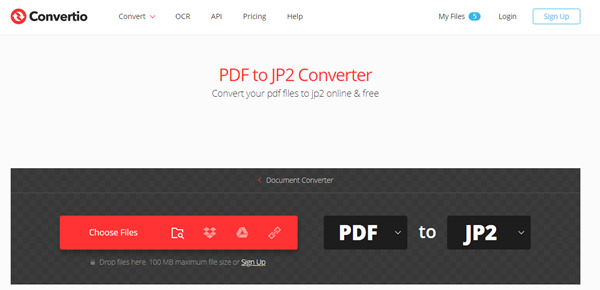 Convertio PDF till JP2-gränssnitt