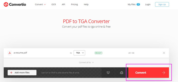 Convertio PDF'den TGA'ya Dönüştürme Düğmesi