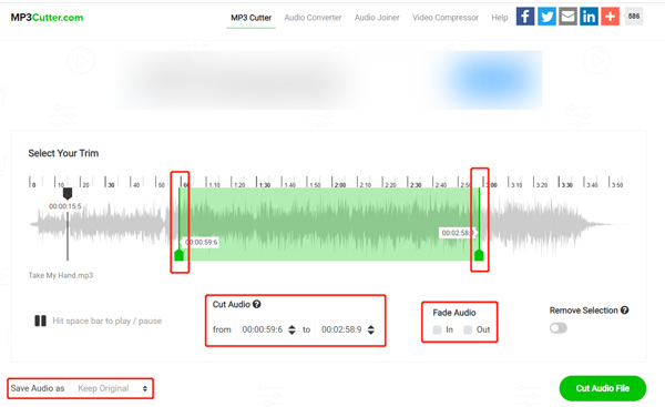 Couper l'audio en ligne MP3cuttercom