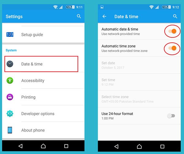 date and time setting for android