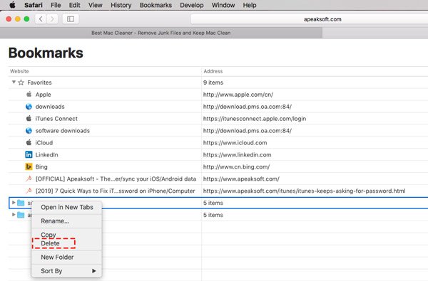 Löschen Sie Lesezeichenordner Safari auf dem Mac