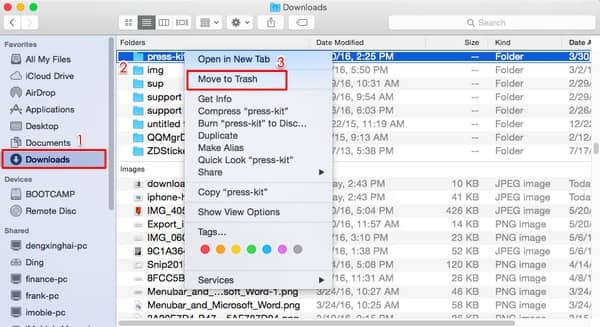 Radera objekt från nedladdningsmappen på Mac