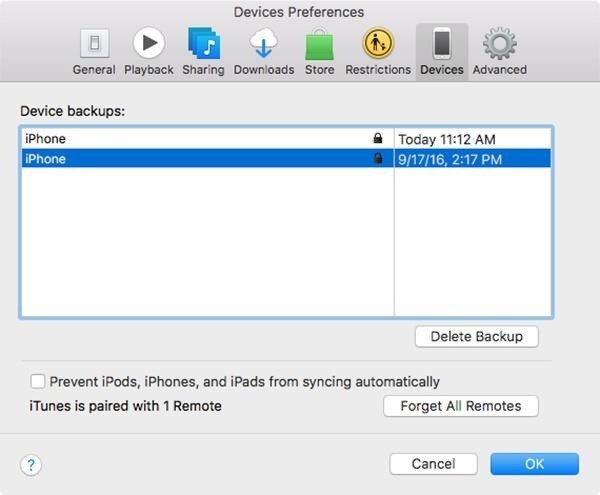 Διαγραφή του iTunes Backup