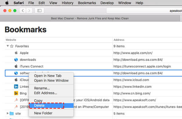 Verwijder meerdere bookmarks safari op mac