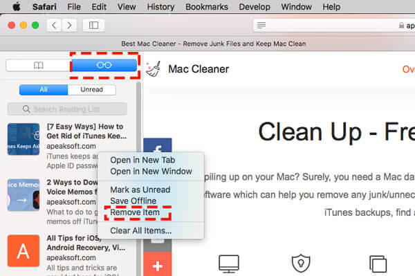 Eliminar la lista de lectura sidebar safari en mac